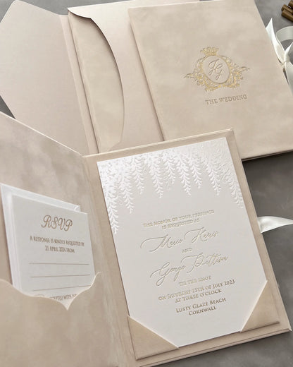 Vienna Blush Velvet Folio open with foliage-bordered cardboard invitation and RSVP card — Polina Perri