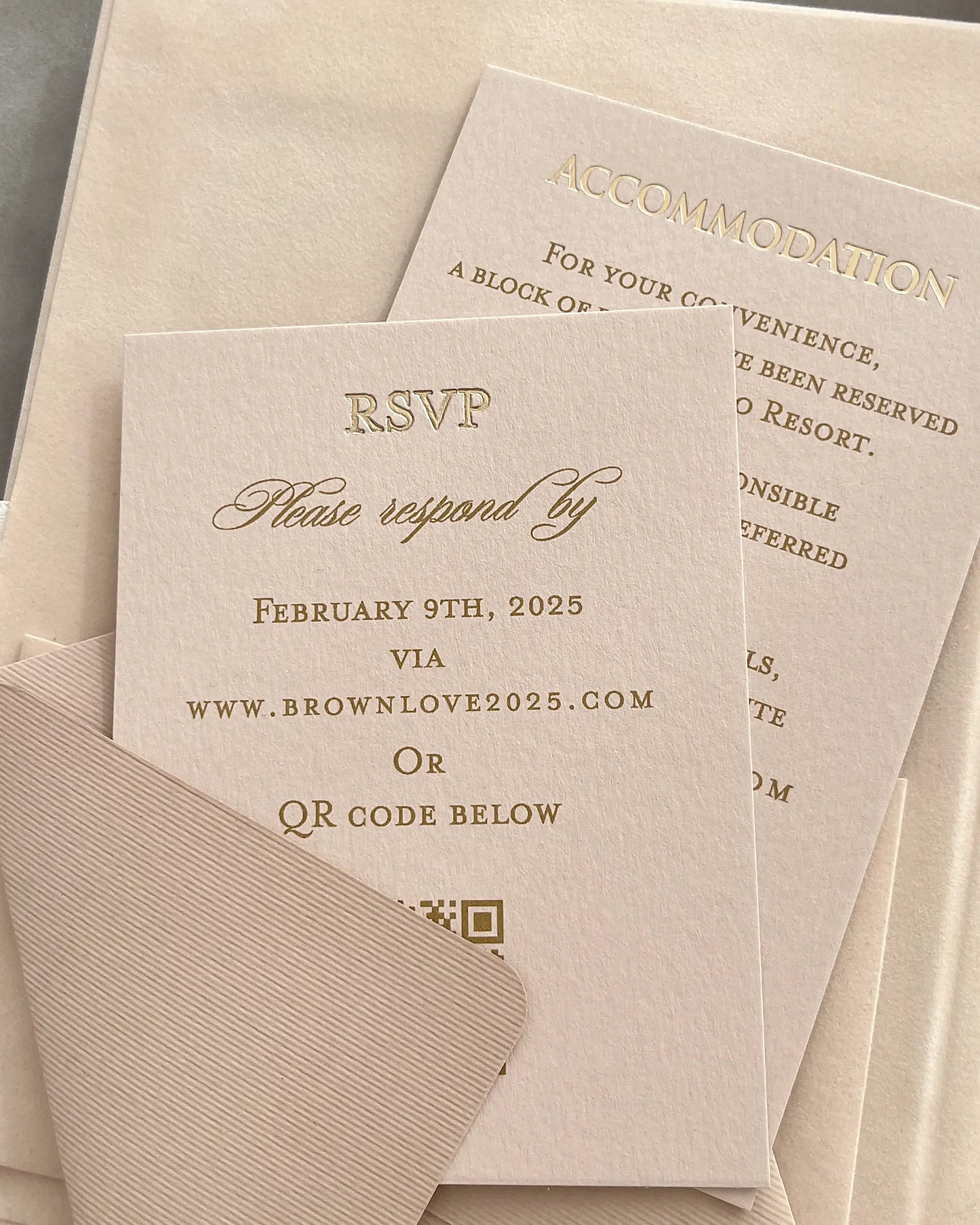 Vienna Blush Velvet Folio RSVP and Accommodation cards with gold letterpress text — Polina Perri