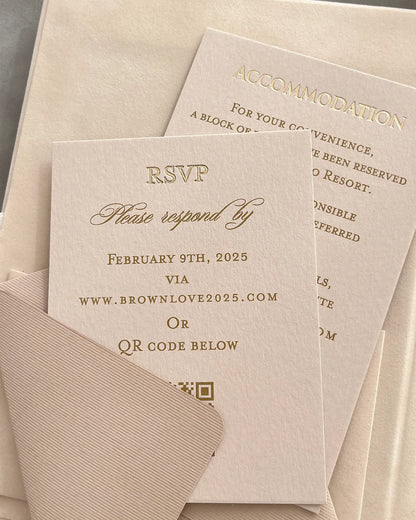 Vienna Blush Velvet Folio RSVP and Accommodation cards with gold letterpress text — Polina Perri