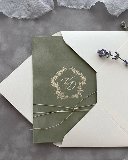 Virginie Sage Green velvet pocketfold wedding invitation with gold foil monogram and cream envelope — Polina Perri