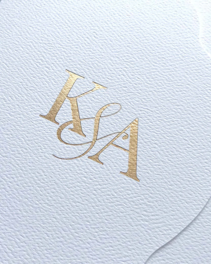White Vertical Pocketfold cover with gold foil stamped monogram close-up — Polina Perri