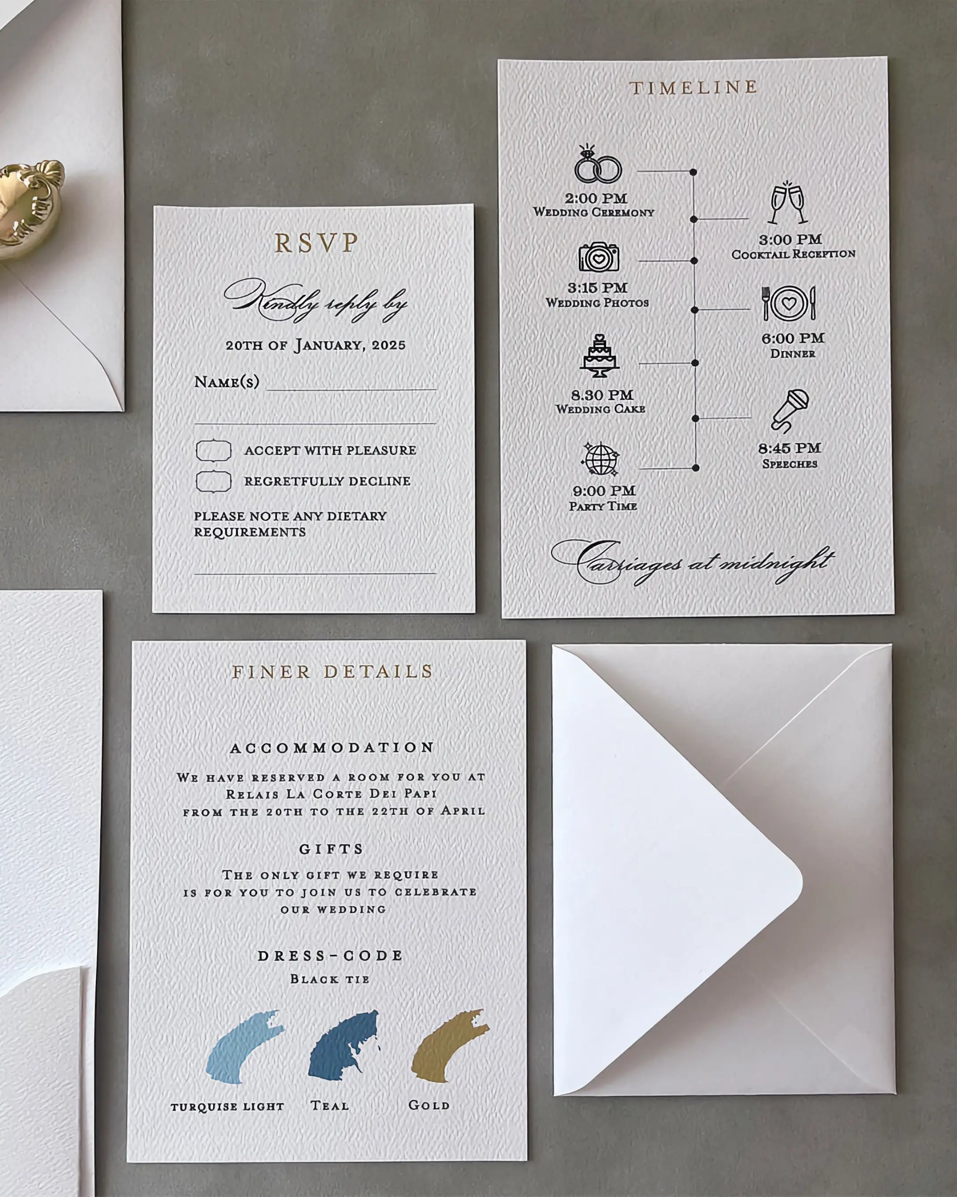 White Vertical Pocketfold insert suite with RSVP, Timeline, Finer Details and envelope — Polina Perri