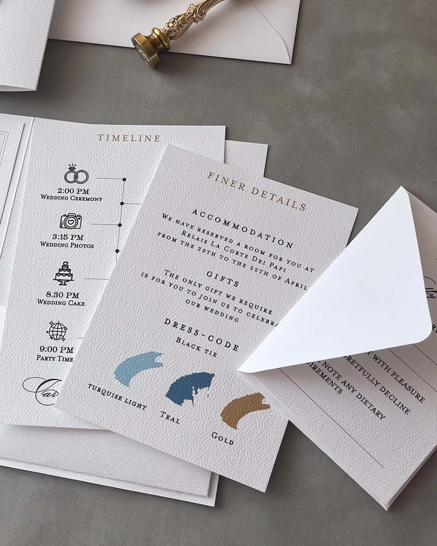White Vertical Pocketfold insert cards — Timeline, Finer Details and RSVP — Polina Perri