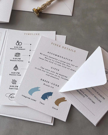 White Vertical Pocketfold insert cards — Timeline, Finer Details and RSVP — Polina Perri