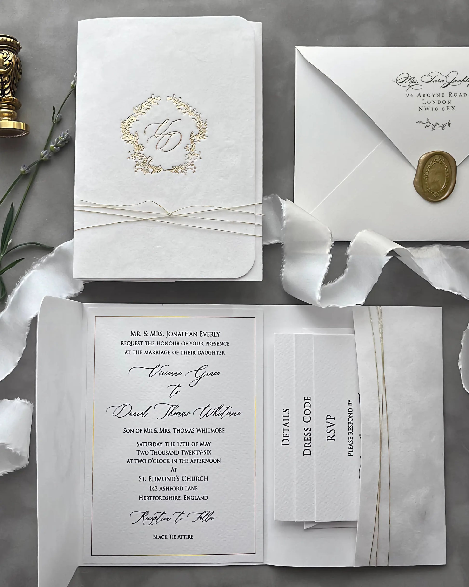 Virginie White velvet pocketfold with gold monogram, open invitation and insert cards — Polina Perr