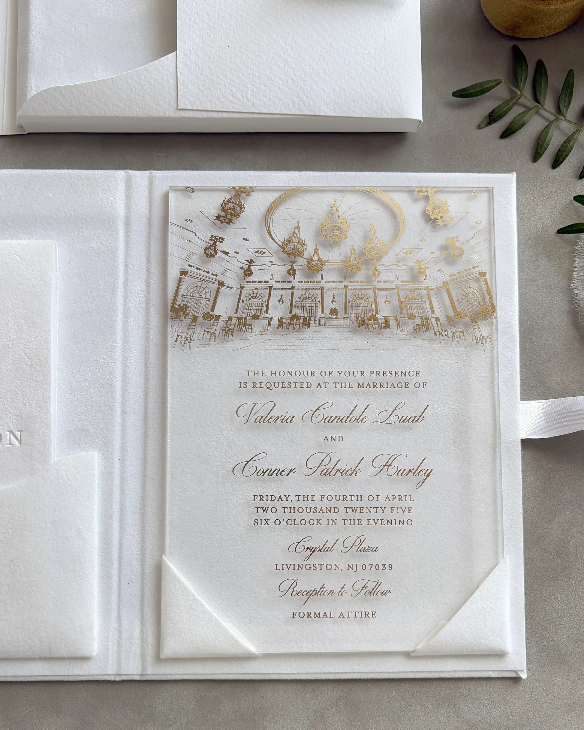  White Velvet Royal Style Folio open with acrylic invitation card and gold venue illustration — Polina Perri
