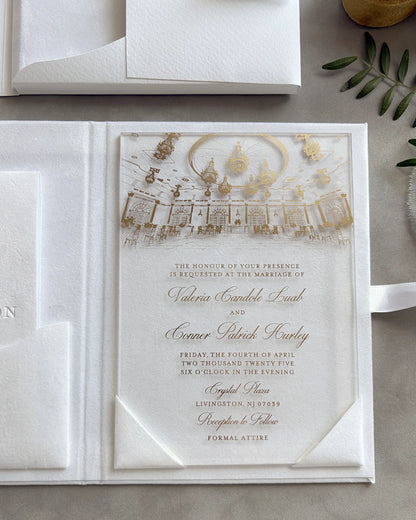  White Velvet Royal Style Folio open with acrylic invitation card and gold venue illustration — Polina Perri