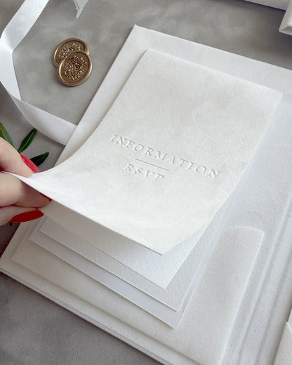 White Velvet Royal Style Folio velvet pocket with embossed Information and RSVP insert close-up — Polina Perri