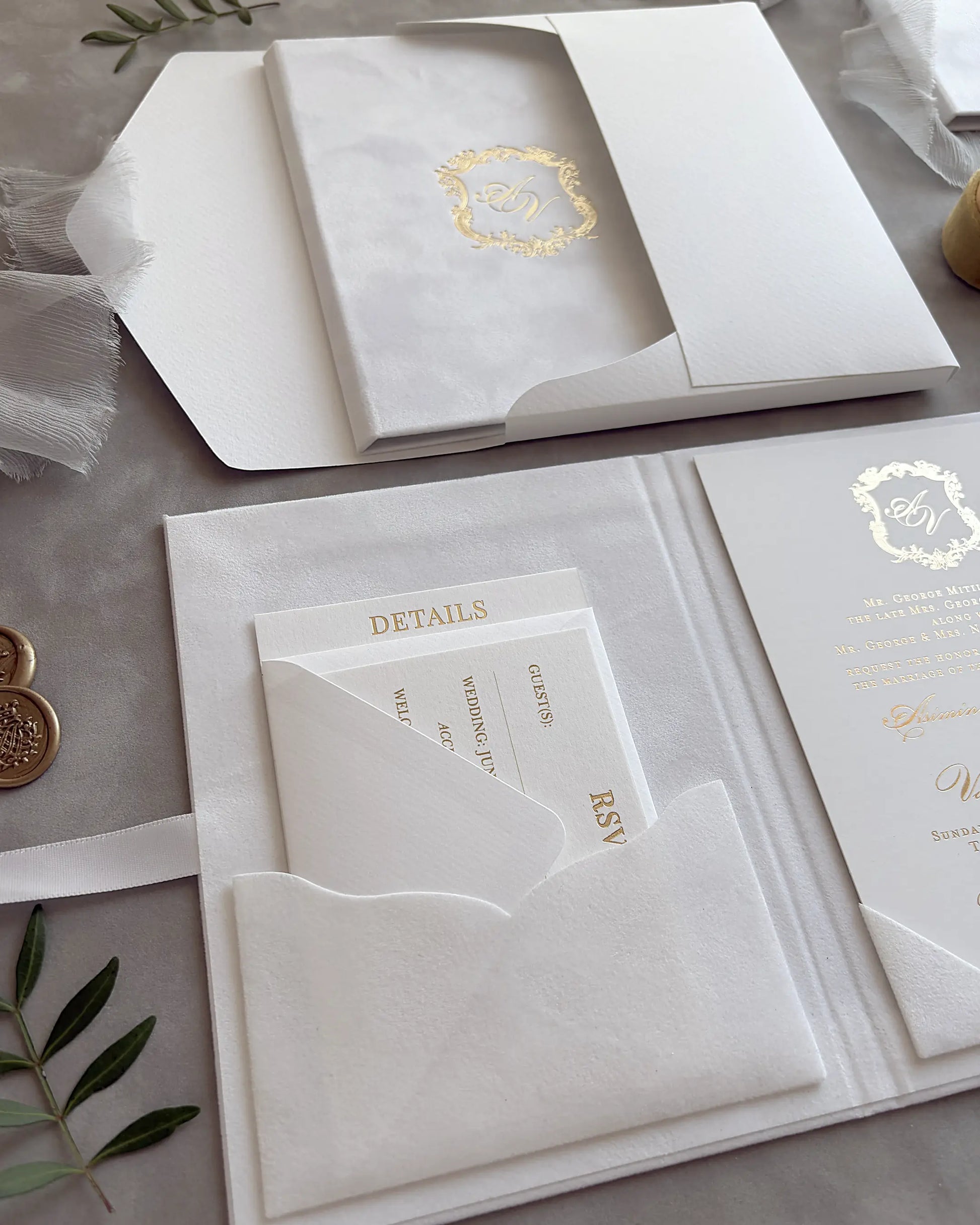  White Velvet Royal Style Folio with gold monogram cover and Details, RSVP pocket inserts — Polina Perri