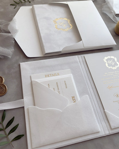  White Velvet Royal Style Folio with gold monogram cover and Details, RSVP pocket inserts — Polina Perri