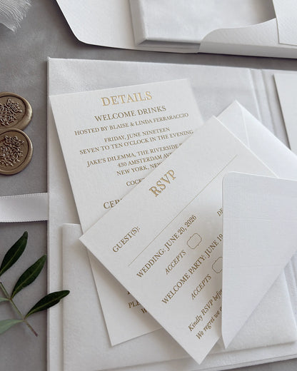 White Velvet Royal Style Folio with Details and RSVP insert cards close-up — Polina Perri