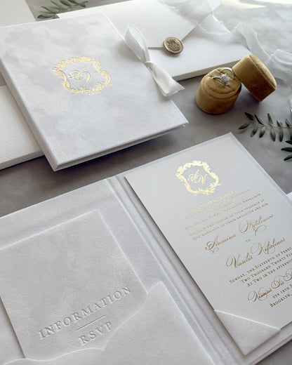 White Velvet Royal Style Folio wedding invitation suite with gold monogram and open cardboard insert — Polina Perri