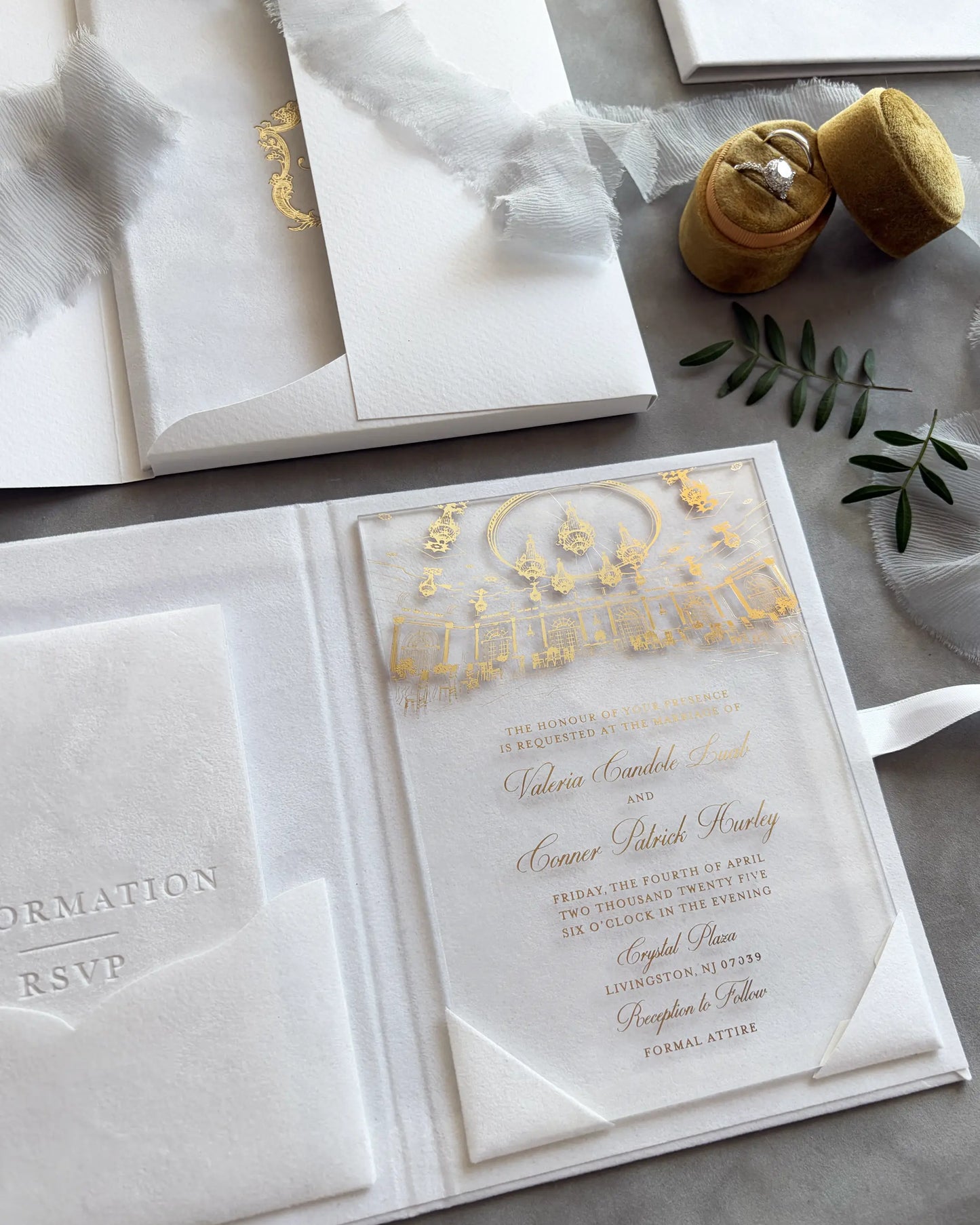 White Velvet Royal Style Folio open with gold floral border acrylic insert — Polina Perri