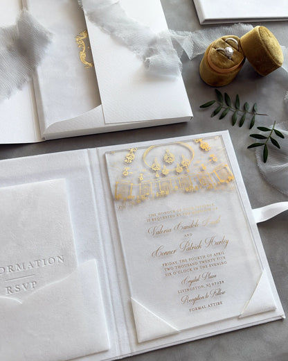 White Velvet Royal Style Folio open with gold floral border acrylic insert — Polina Perri