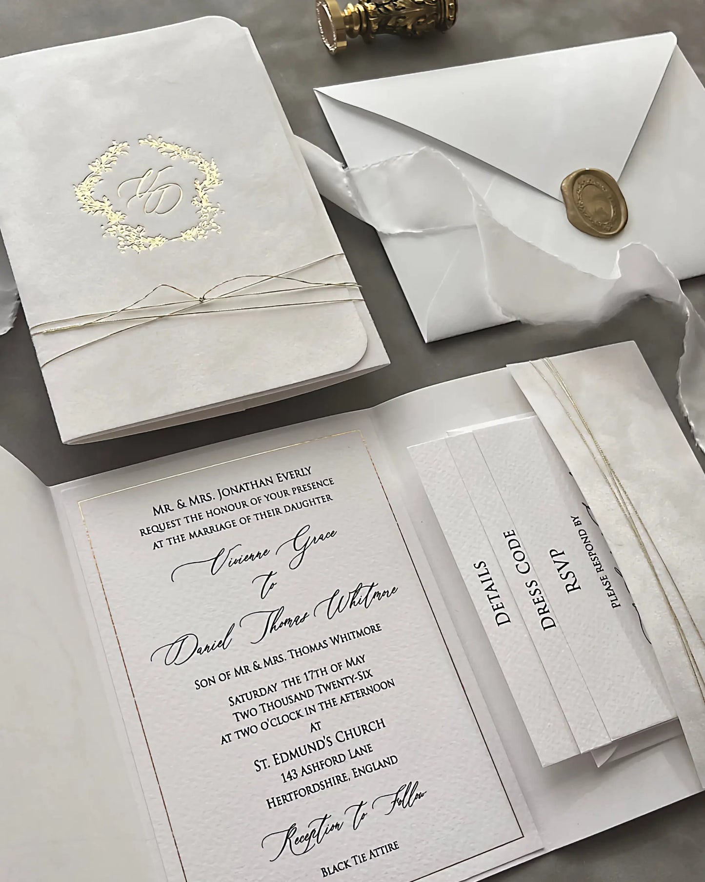 Virginie White velvet pocketfold wedding invitation with gold monogram, envelope and wax seal — Polina Perri