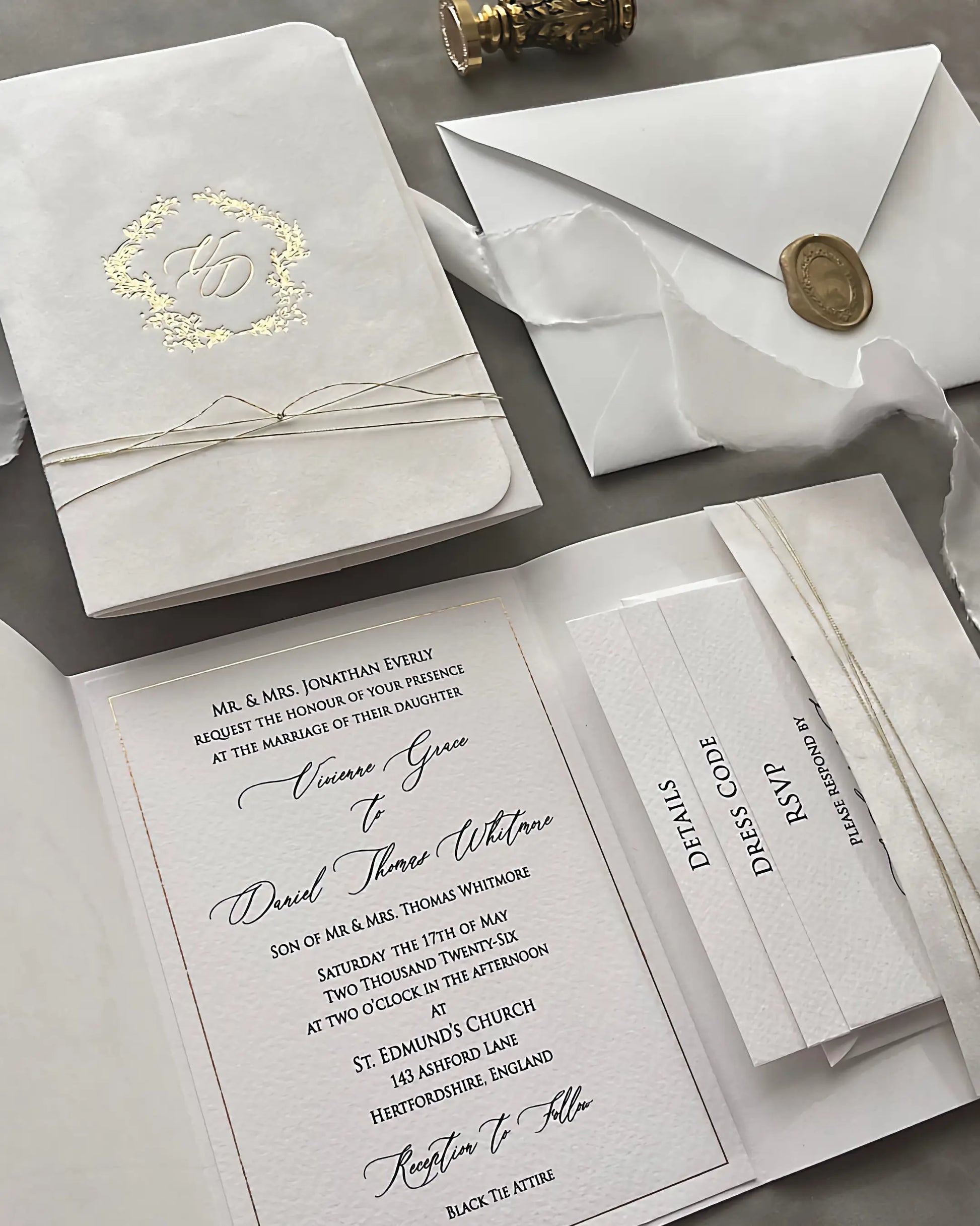 Virginie White velvet pocketfold wedding invitation with gold monogram, envelope and wax seal — Polina Perri