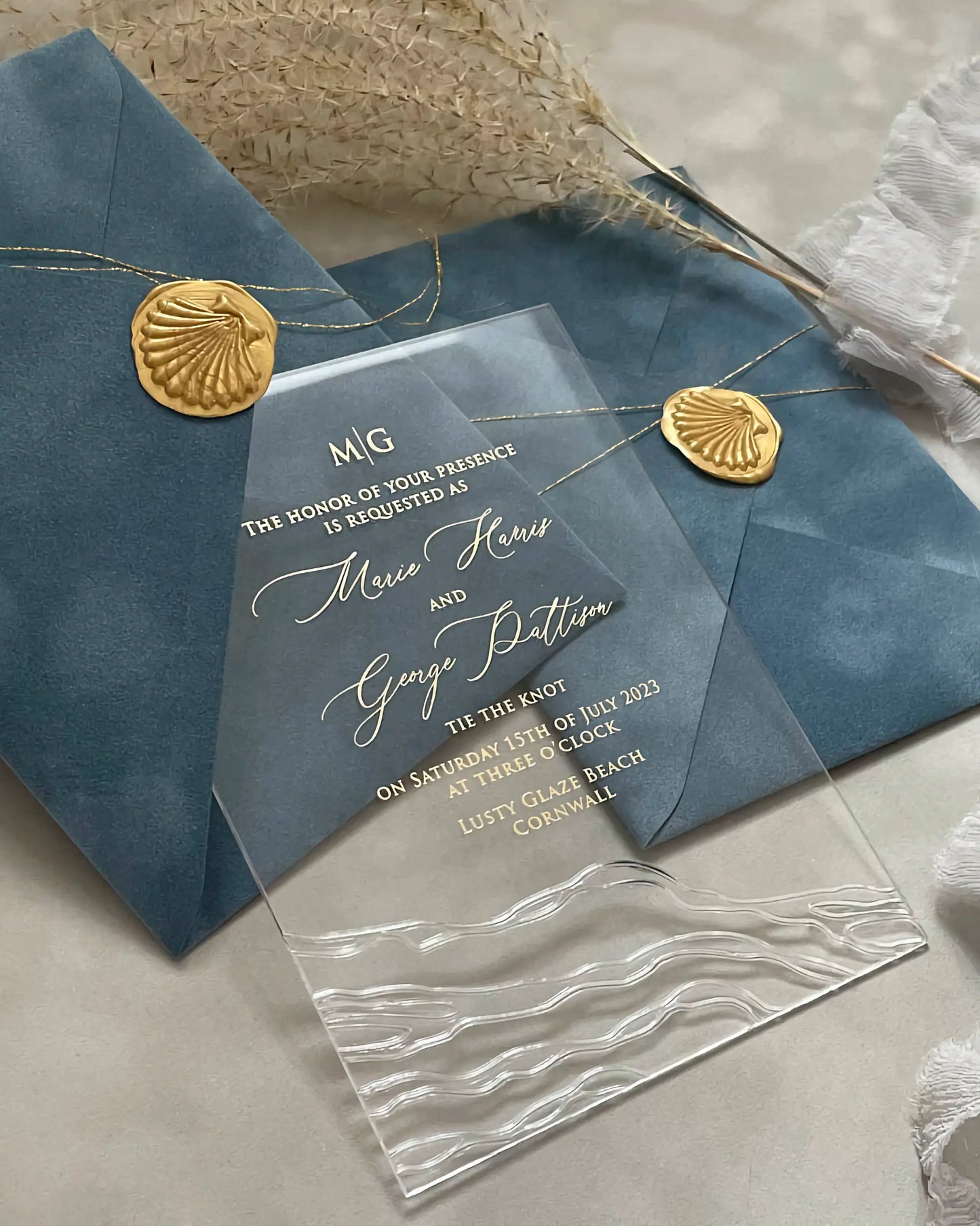 Seawaves Acrylic Wedding Invitation with embossed sea waves on Dusty Blue velvet envelope and gold shell wax seals — Polina Perri