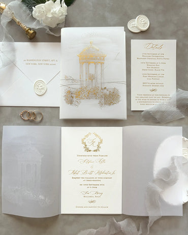 Belvedere luxury destination wedding invitation suite displaying gold foil vellum wraps cotton cards details card gold string and wax seals Polina Perri 