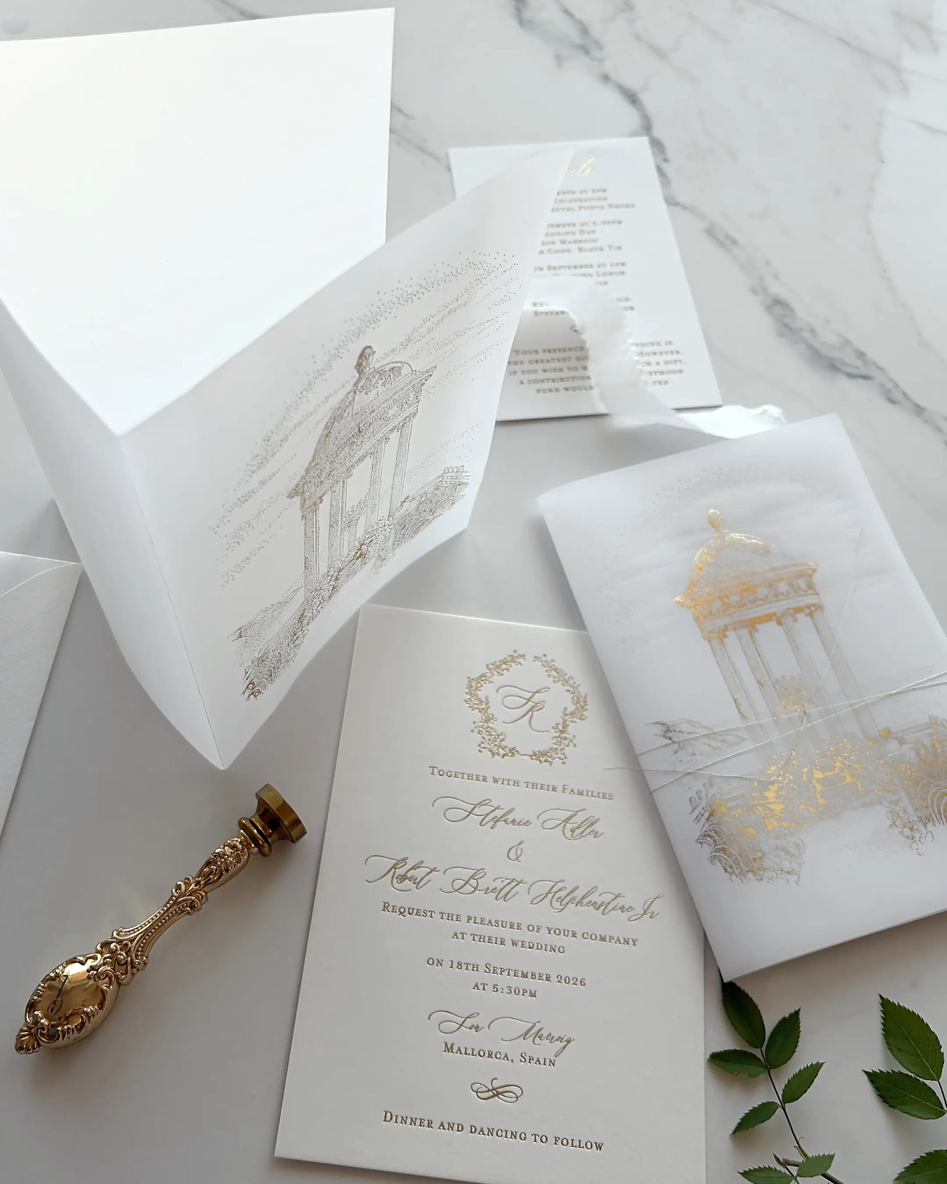 Belvedere luxury destination wedding invitations complete stationery suite with gold foil vellum wrap elegant foil pressed cotton card envelope and vintage wax seal stamp Polina Perri