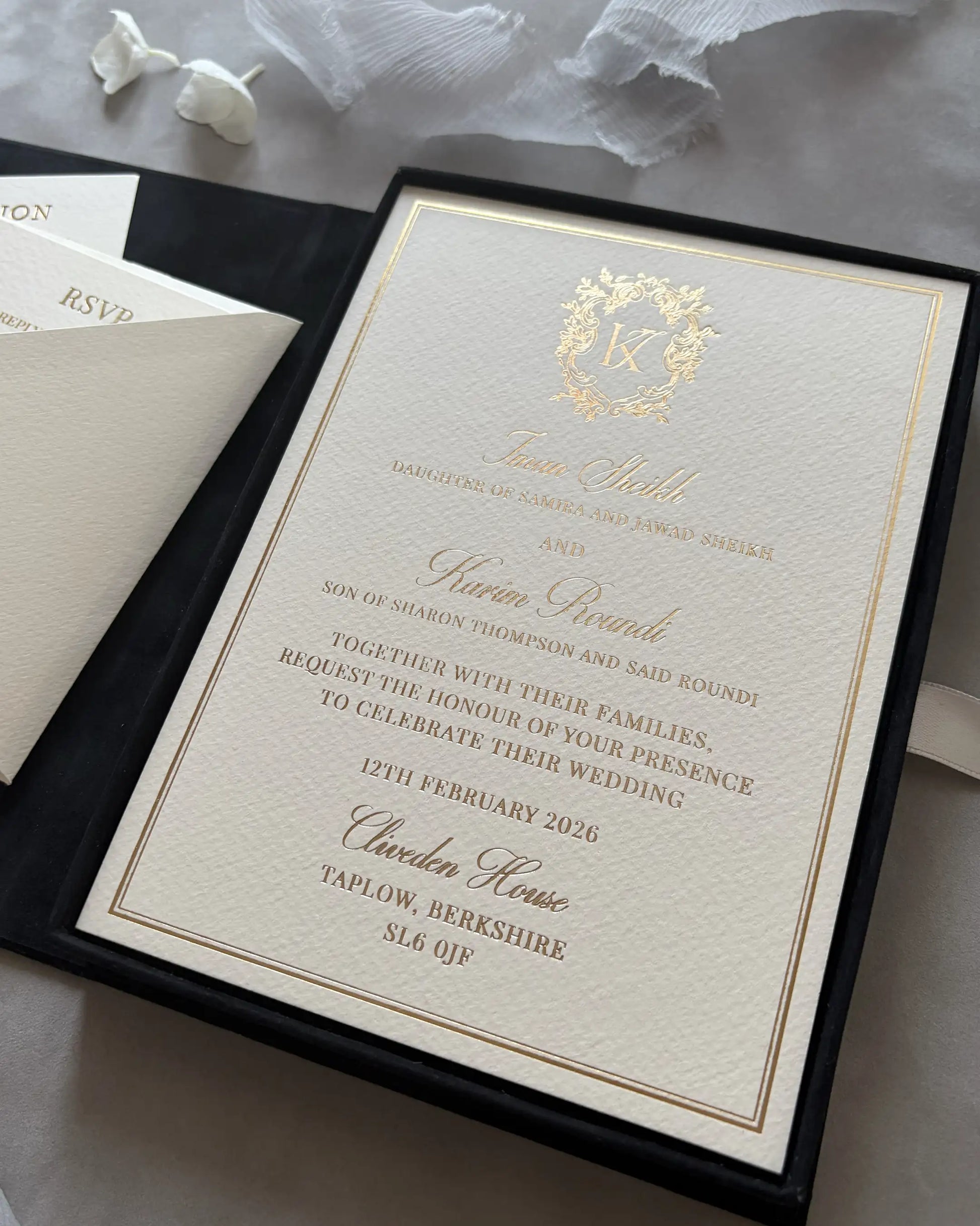 Cliveden House Black Velvet Boxed wedding invitation with gold foil monogram cardboard insert — Polina Perri