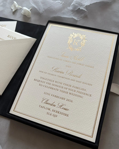 Cliveden House Black Velvet Boxed wedding invitation with gold foil monogram cardboard insert — Polina Perri