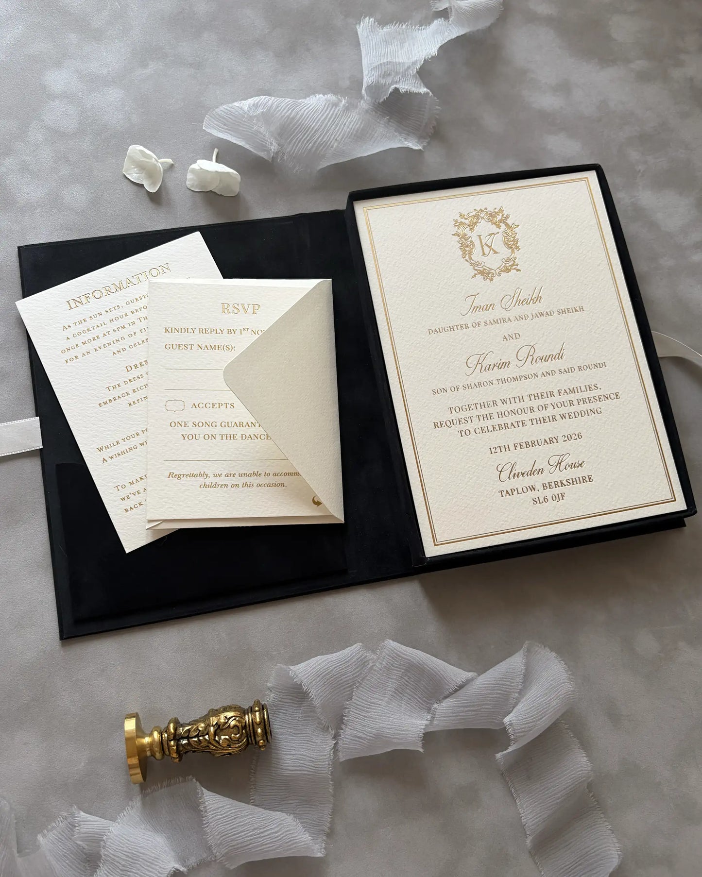 Cliveden House Black Velvet Boxed invitation open with cardboard insert and information RSVP booklet — Polina Perri