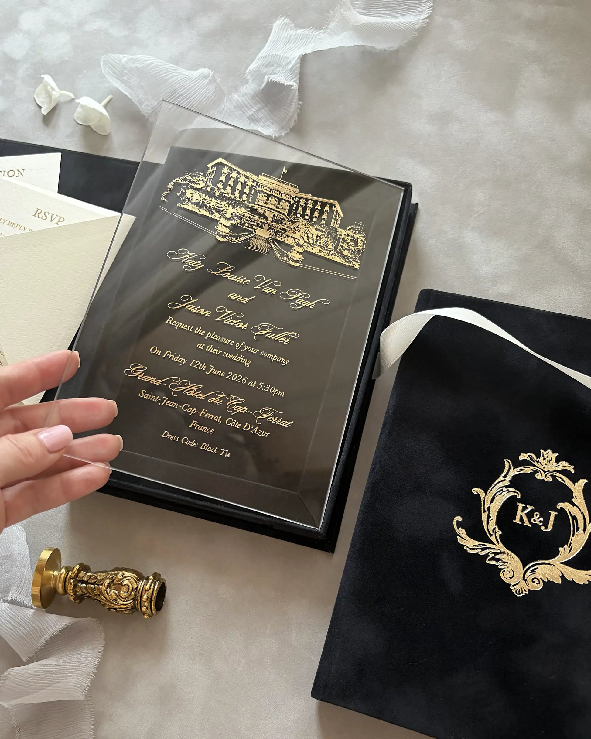 Grand-Hôtel du Cap-Ferrat Black Velvet Boxed invitation with gold foil venue illustration acrylic insert held by hand — Polina Perri