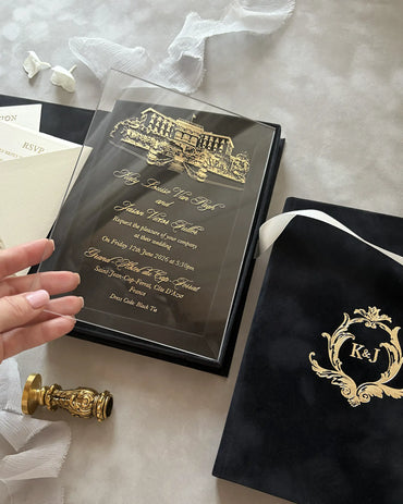 Grand-Hôtel du Cap-Ferrat Black Velvet Boxed invitation with gold foil venue illustration acrylic insert held by hand — Polina Perri