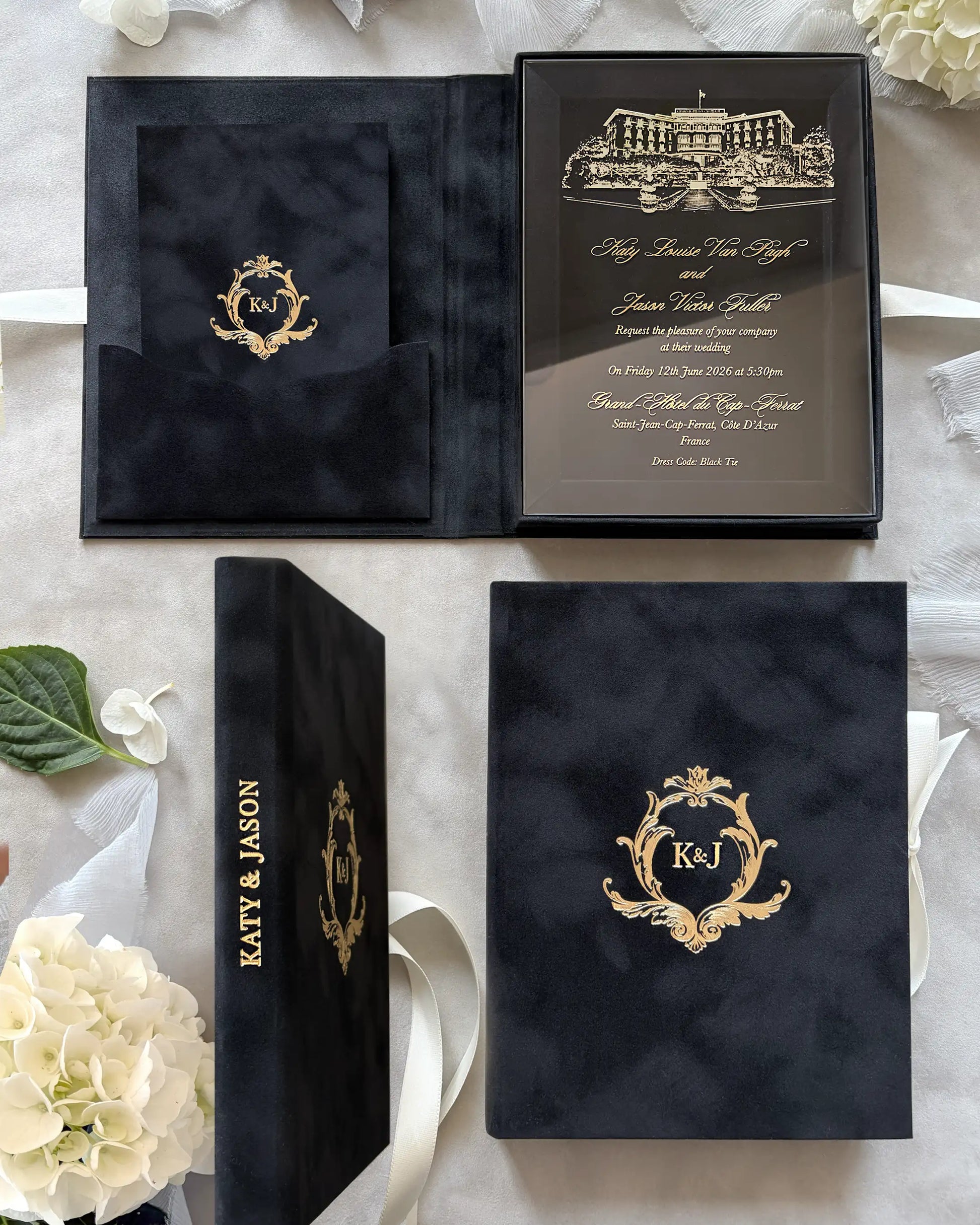 Grand-Hôtel du Cap-Ferrat Black Velvet Boxed invitation open showing gold foil venue illustration acrylic insert — Polina Perri