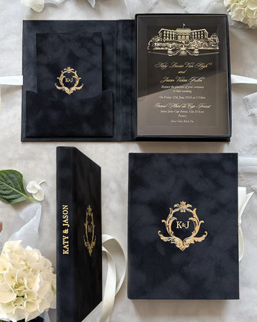 Grand-Hôtel du Cap-Ferrat Black Velvet Boxed invitation open showing gold foil venue illustration acrylic insert — Polina Perri
