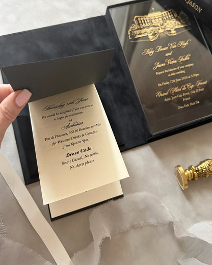 Grand-Hôtel du Cap-Ferrat Black Velvet Boxed invitation open with details card and acrylic insert — Polina Perri