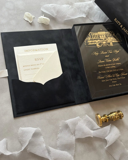 Grand-Hôtel du Cap-Ferrat Black Velvet Boxed invitation open with acrylic insert and RSVP booklet in shaped pocket — Polina Perri