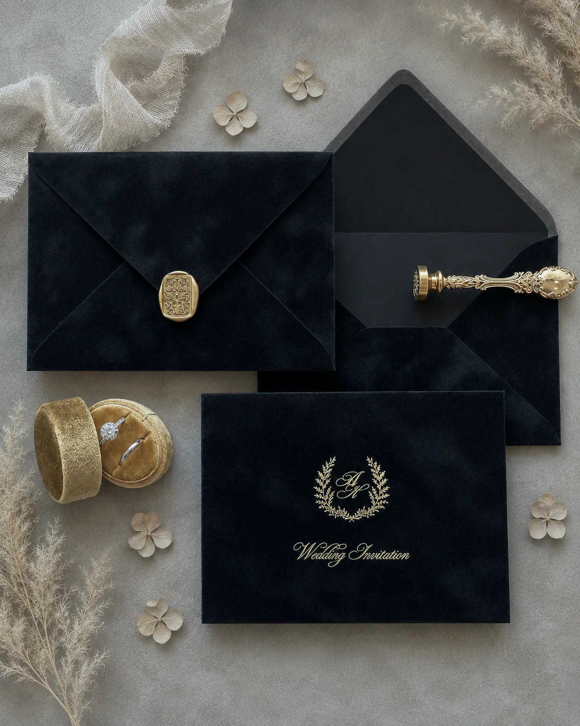 Black Velvet Wedding Envelopes with gold wax seal, foil wreath monogram and wedding invitation card — Polina Perri