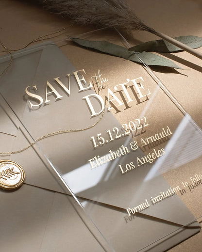 Blush Velvet and Acrylic Save the Date clear acrylic card on Blush velvet envelope — Polina Perri
