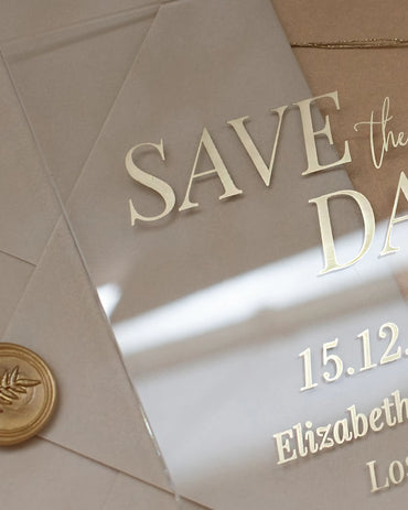 Blush Velvet and Acrylic Save the Date card detail with gold foil lettering and wax seal — Polina Perri
