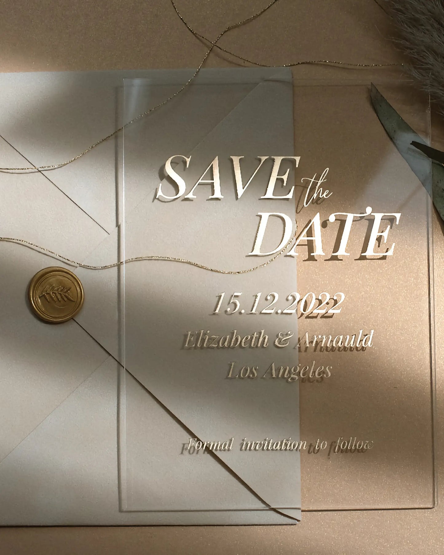 Blush Velvet and Acrylic Save the Date card with Blush velvet envelope and gold wax seal — Polina Perri