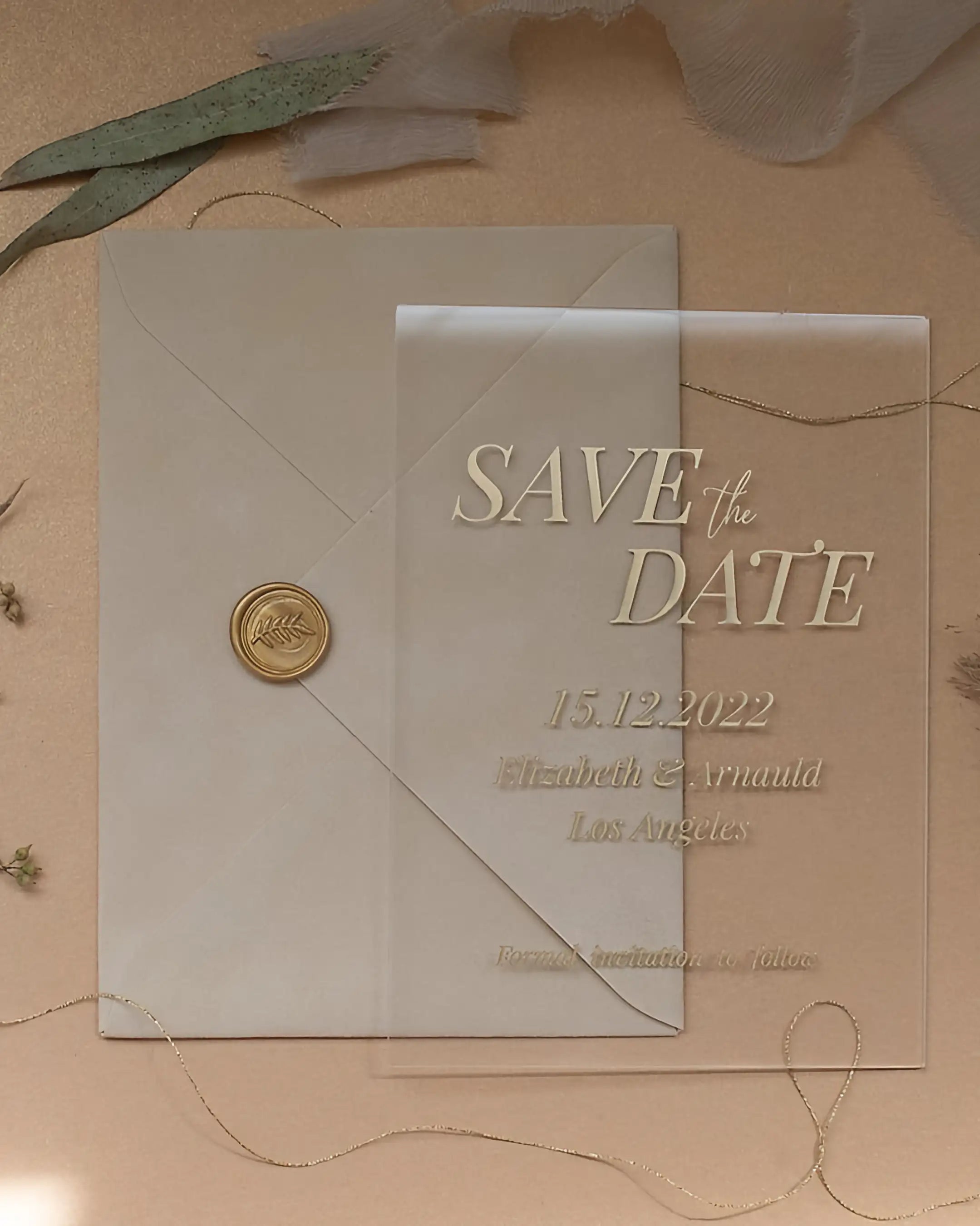 Blush Velvet and Acrylic Save the Date card with gold wax seal on Blush velvet envelope — Polina Perri