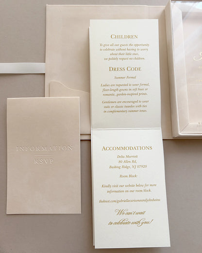 Custom wedding enclosure cards including Dress Code and Accommodations details, printed on fine paper for the Vienna blush velvet box suite — Polina Perri