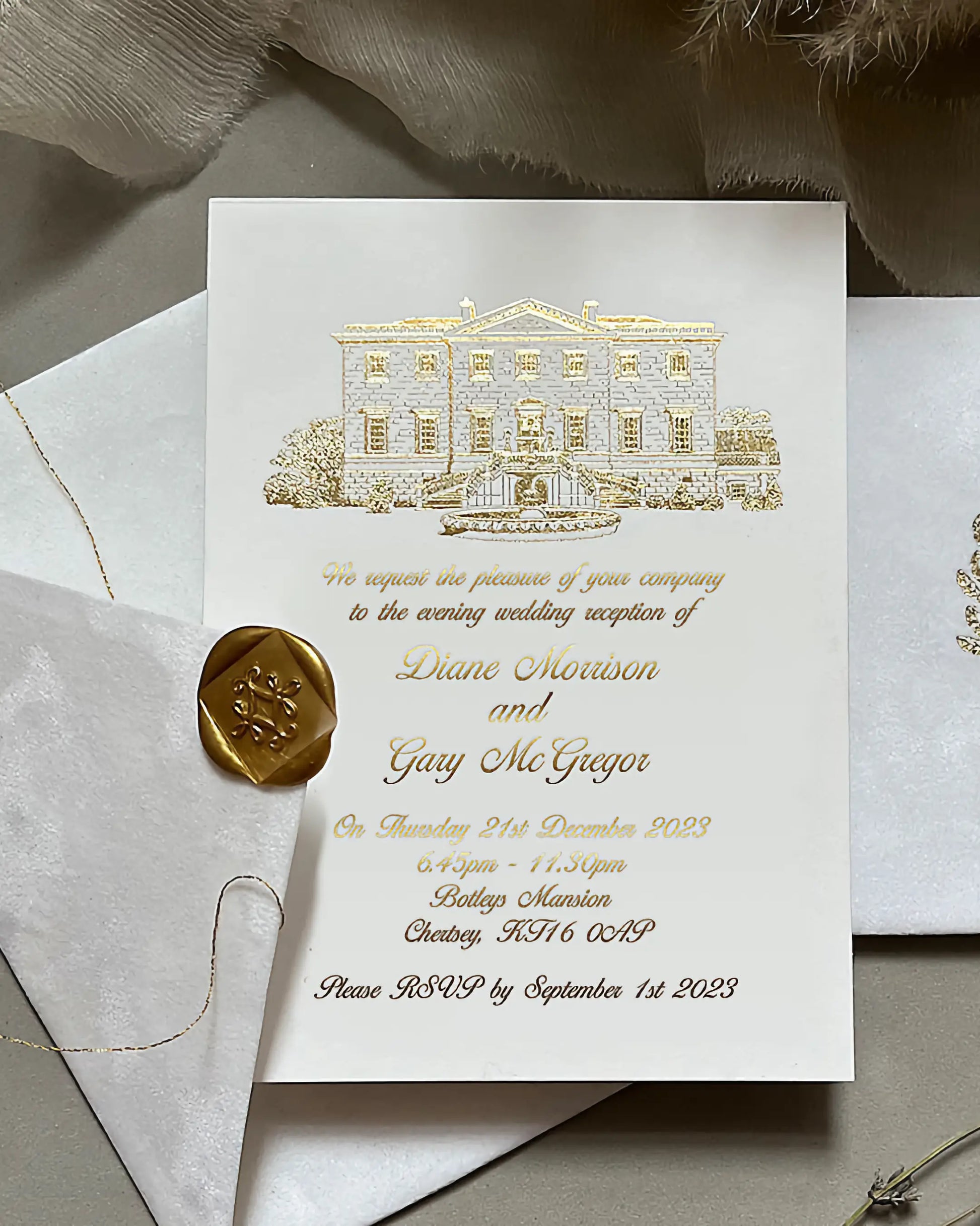 Gold foil pressed wedding invitation featuring a custom architectural illustration of Botleys Mansion in Surrey, printed on heavy 600gsm white cotton card stock and paired with a wax sealed envelope — Polina Perri