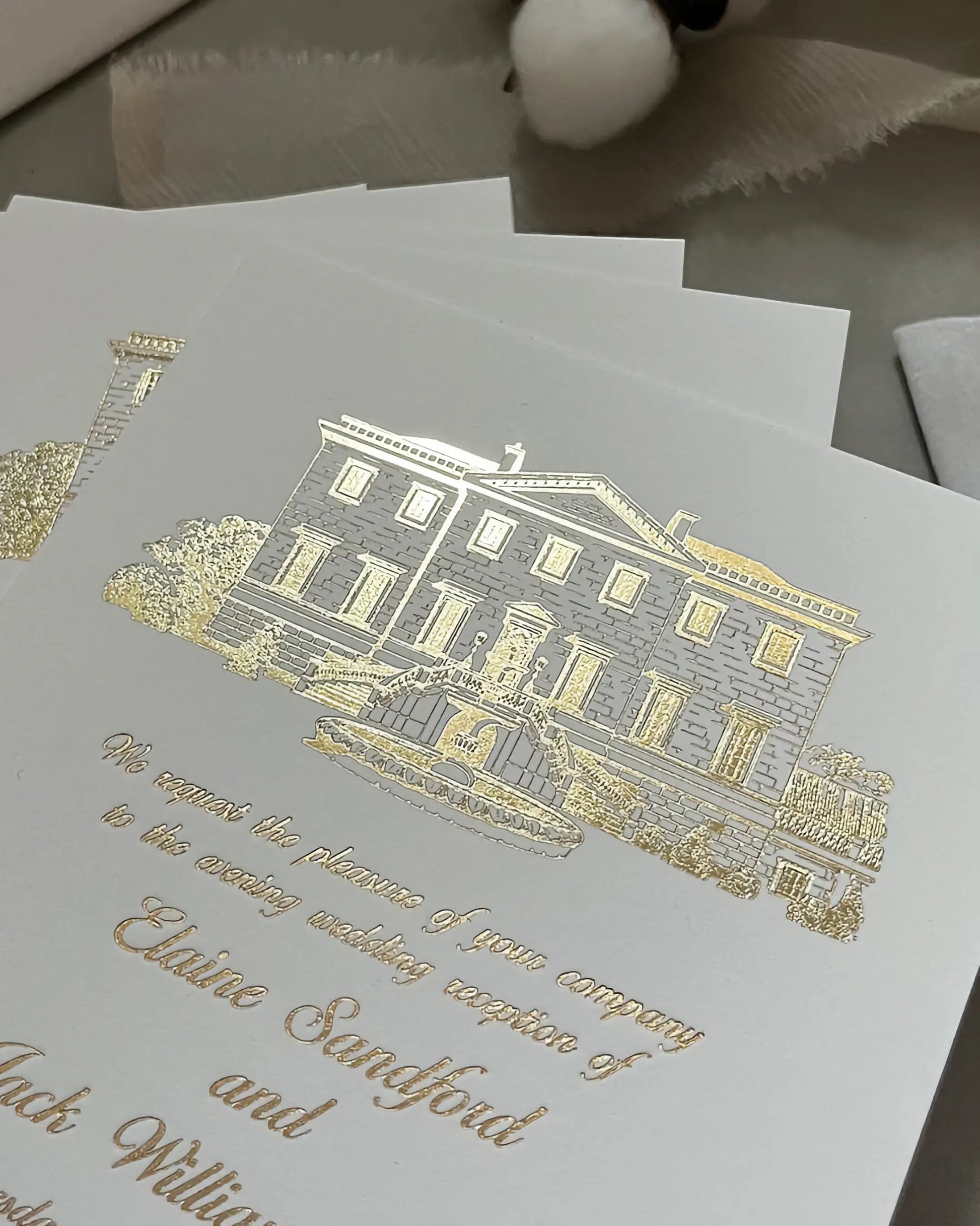 Detailed macro view of the custom architectural venue drawing of Botleys Mansion Surrey, embossed in brilliant gold foil — Polina Perri