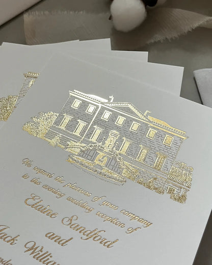 Detailed macro view of the custom architectural venue drawing of Botleys Mansion Surrey, embossed in brilliant gold foil — Polina Perri