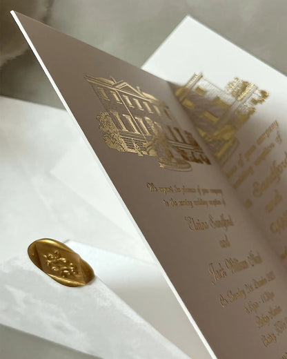 Side profile of the Botleys Mansion venue wedding invitation, demonstrating the luxury thickness and clean cut edges of the heavyweight 100% cotton card stock — Polina Perri