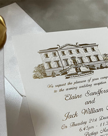 Close-up of the elegant gold foil wedding invitation highlighting the detailed metallic hot stamped venue illustration of Botleys Mansion — Polina Perri