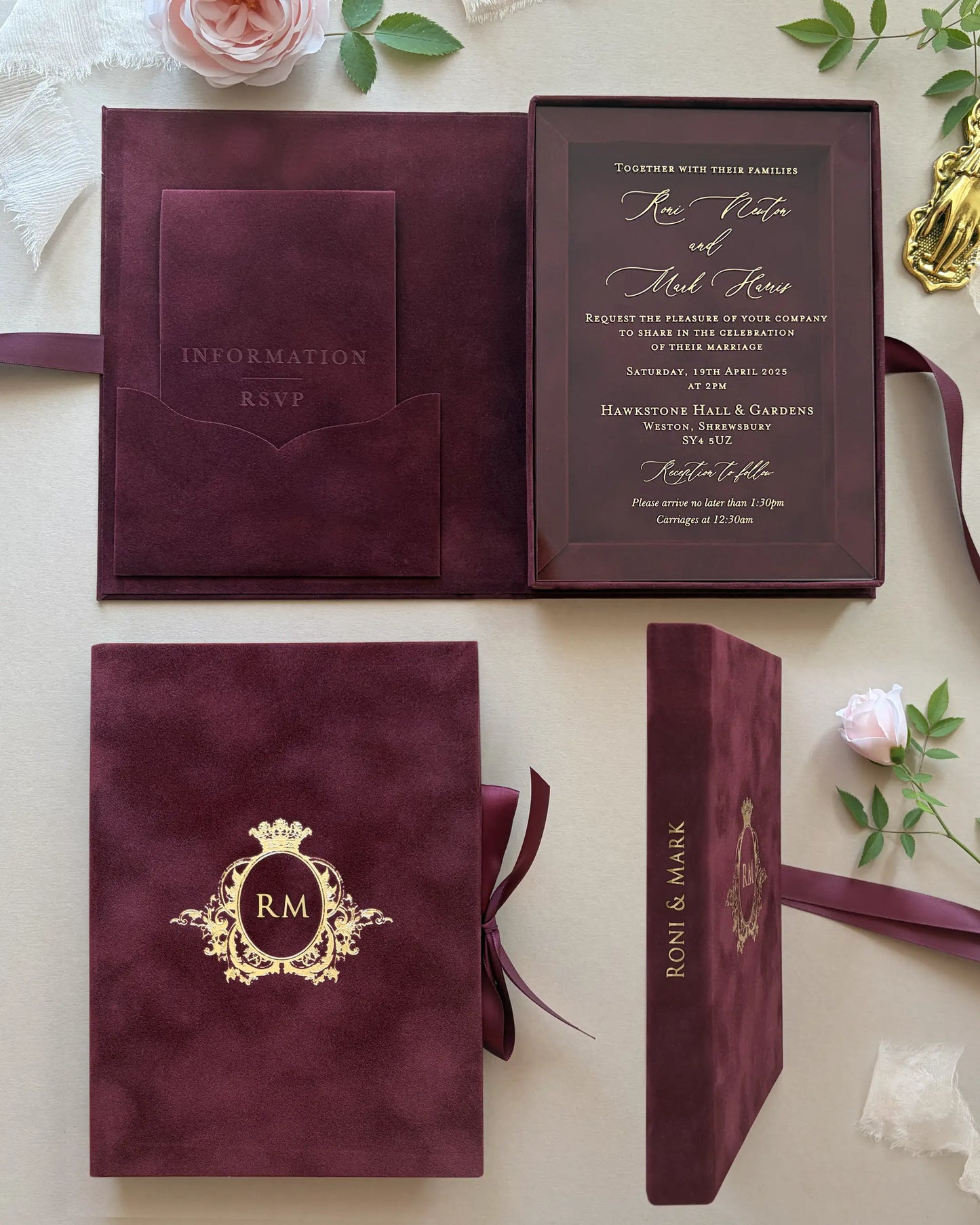 Luxury burgundy velvet boxed wedding invitation suite featuring a frosted acrylic card with gold foil text, a custom monogram on the lid, and a book-style velvet spine — Polina Perri
