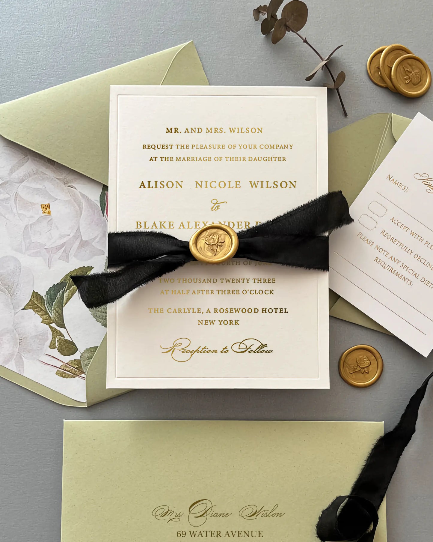 Eleanor Gold Foil Wedding Invitation with Black Silk Ribbon and Wax Seal — Polina Perri