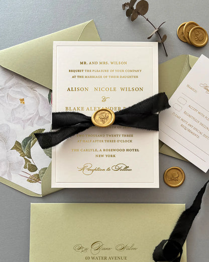 Eleanor Gold Foil Wedding Invitation with Black Silk Ribbon and Wax Seal — Polina Perri