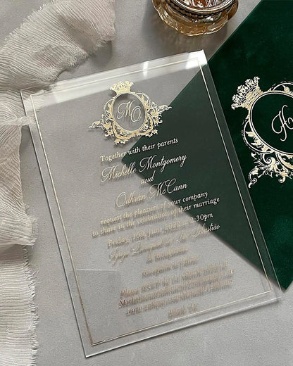 Vienna Gold Acrylic wedding invitation with gold foil ornate monogram crest and Forest Green velvet envelope — Polina Perri