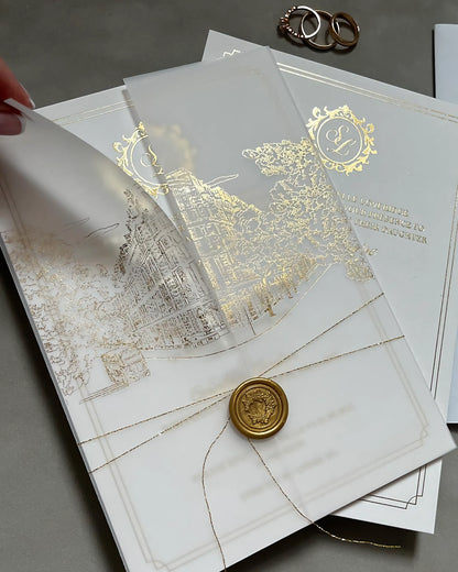 Corinthia XL gold foil wedding invitation with an intricate venue illustration on thick cotton paper, enclosed in a gatefold vellum jacket with gold string and wax seal — Polina Perri