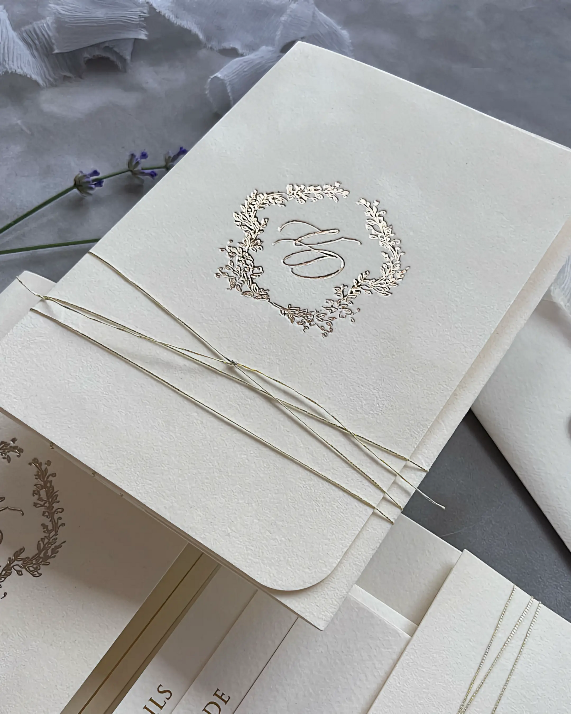 Virginie Cream velvet pocketfold cover with gold string and foil monogram wreath — Polina Perri