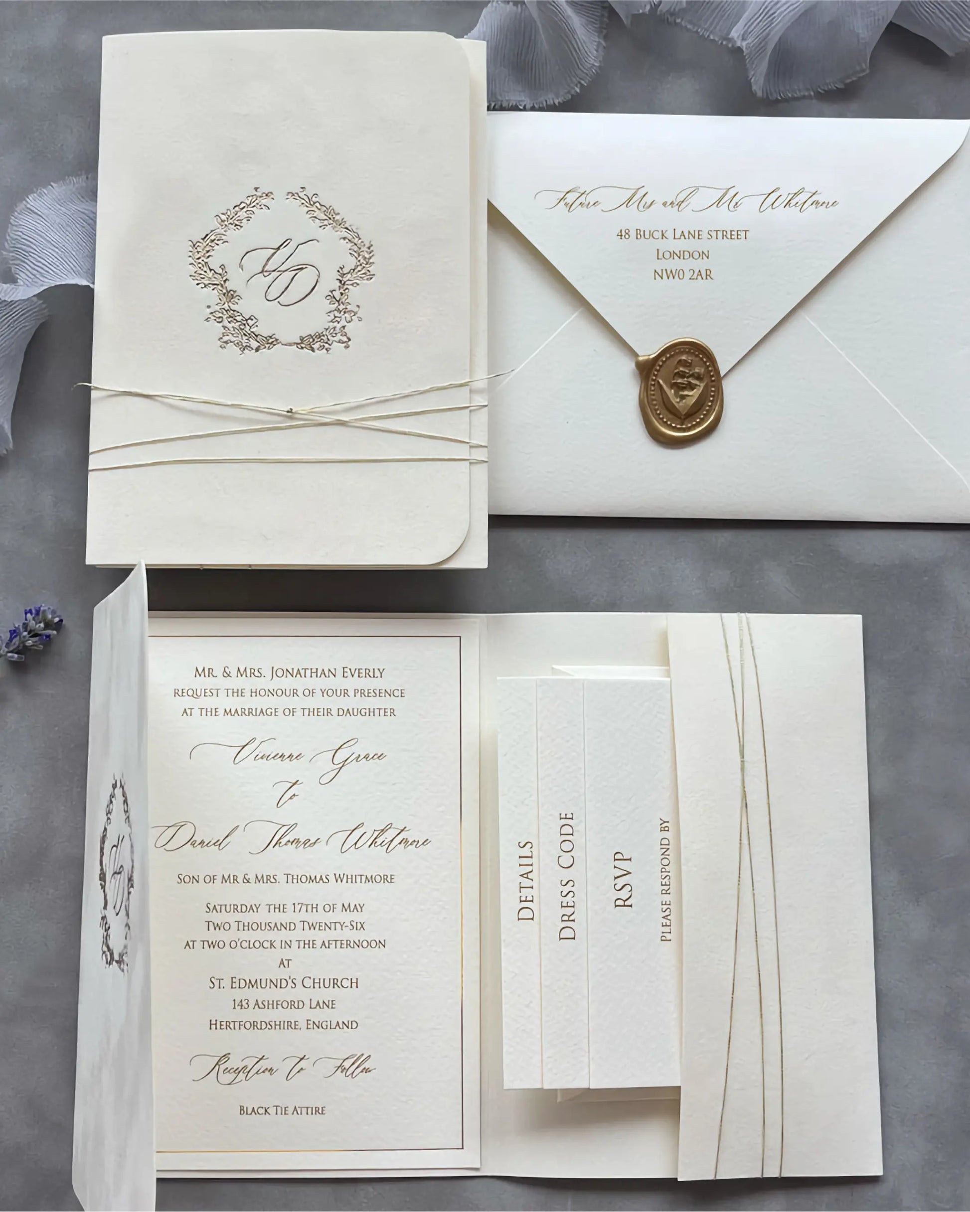 Virginie Cream velvet pocketfold wedding invitation suite with envelope, wax seal and insert cards — Polina Perri